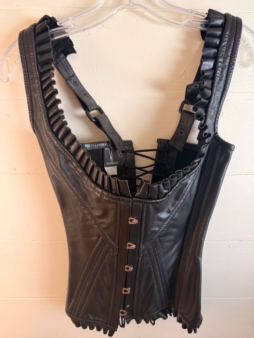 Stormy Leather Black Lace-Up Leather Corset Top w/ Ruffle Trim